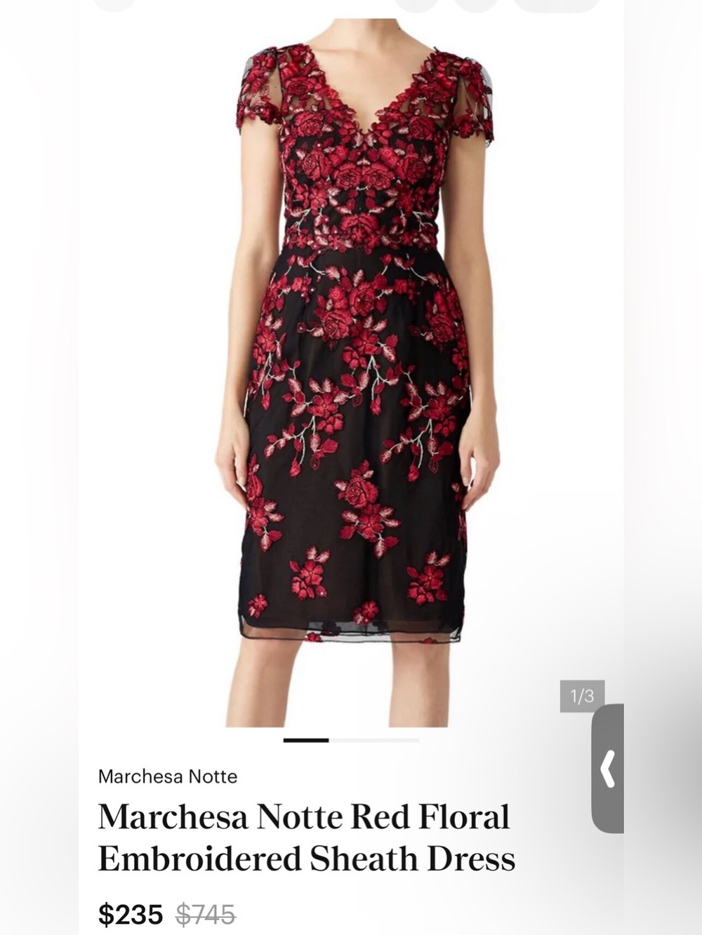 Marchesa Red Floral Embroidered Black Sheath Dress